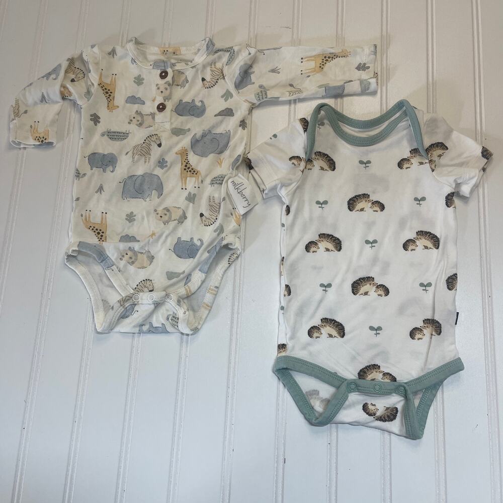 2β Kyte Baby Milkberry Bamboo Bodysuits Animals Hedgehog Zebra Unisex 0/3 Months